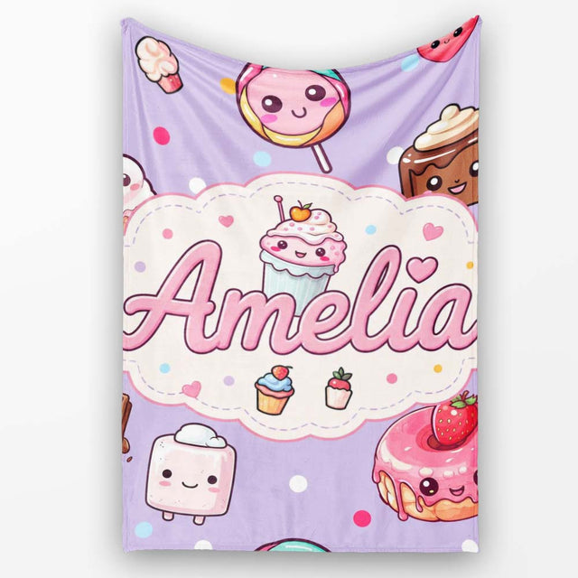 Kawaii Desserts Cupcake Donut and Sweets on Purple Background  Personalised Custom Name Super Soft Fleece Blanket Bed Sofa Throw