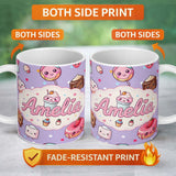 Personalized Custom Name Kawaii Desserts Cupcake Donut and Sweets on Purple Background 11oz Ceramic Coffee Tea Mug White Large Handle