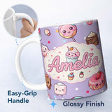 Personalized Custom Name Kawaii Desserts Cupcake Donut and Sweets on Purple Background 11oz Ceramic Coffee Tea Mug White Large Handle