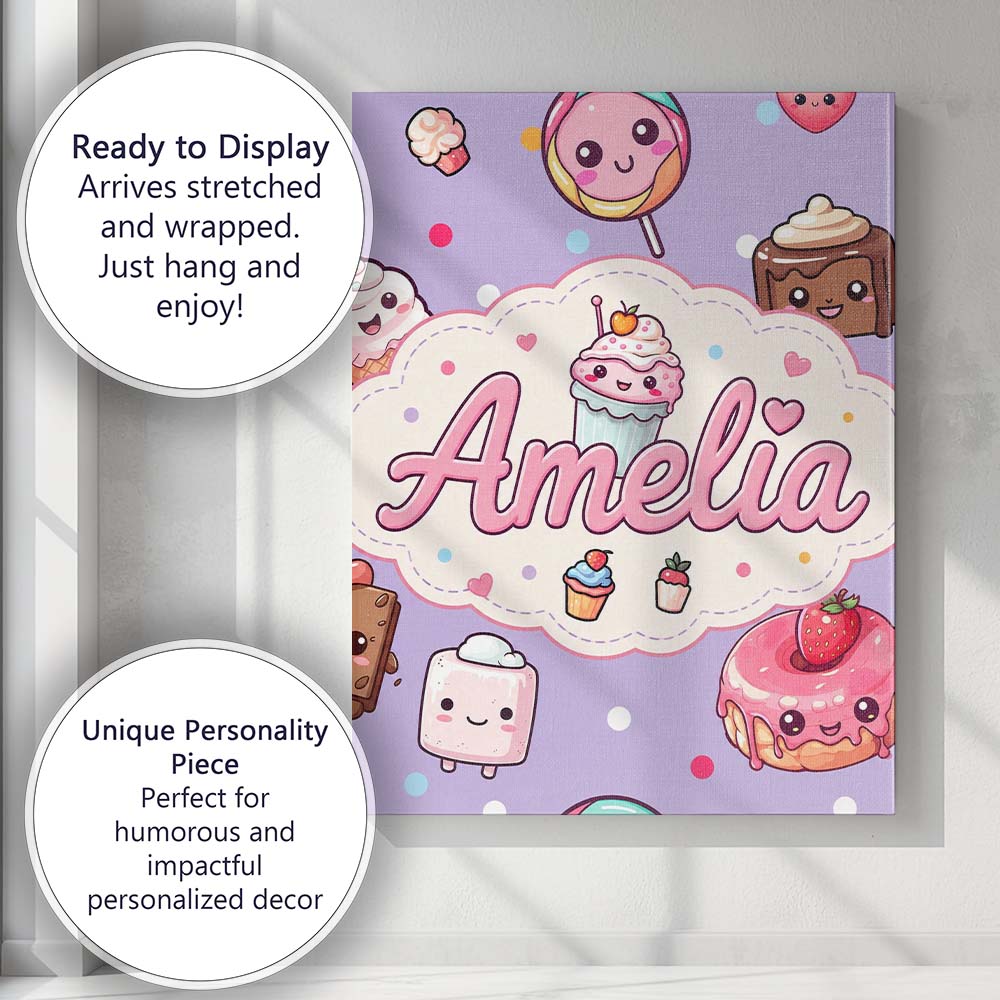 Personalised Name Kawaii Desserts Cupcake Custom  Unique Gift Idea Elegant Feature Canvas Wall Art Print Decor Picture Ready to Hang