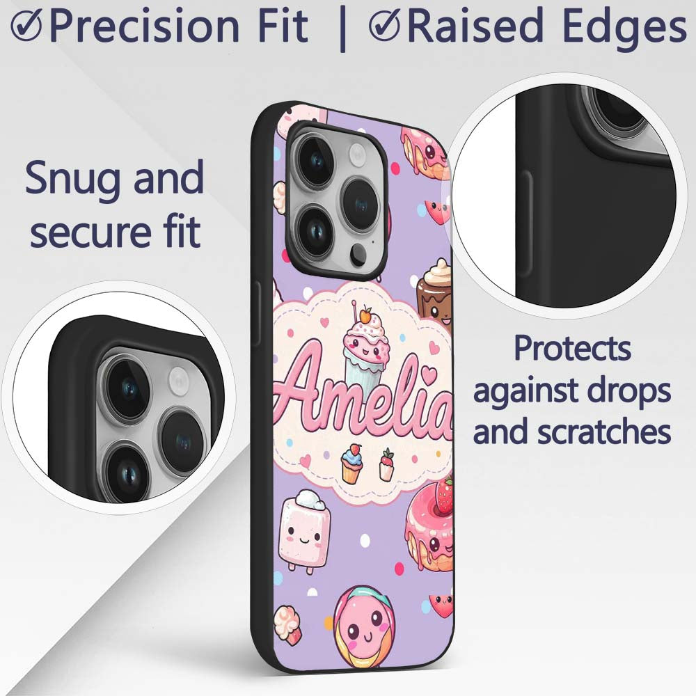 Kawaii Desserts Cupcake Donut and Printed Design Custom Name Protective Phone Case Mobile Cover Durable Everyday Smartphone Shock Resistant