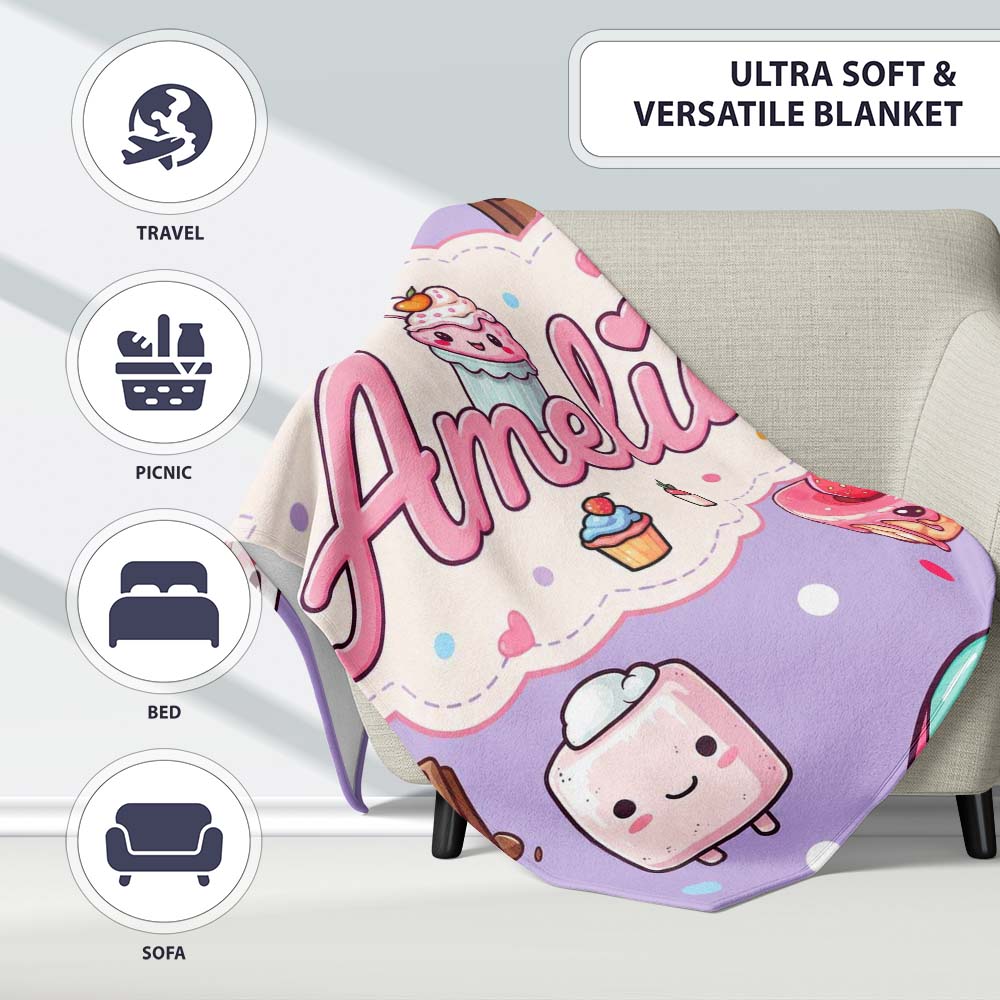 Kawaii Desserts Cupcake Donut and Sweets on Purple Background  Personalised Custom Name Super Soft Fleece Blanket Bed Sofa Throw