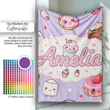 Kawaii Desserts Cupcake Donut and Sweets on Purple Background  Personalised Custom Name Super Soft Fleece Blanket Bed Sofa Throw