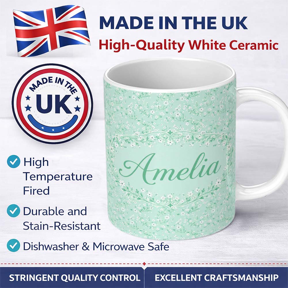 Personalized Custom Name Delicate White Wildflower on Soft Green Seamless Pattern Lovely 11oz Ceramic Coffee Tea Mug White Large Handle