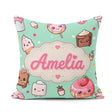 Custom Name Desserts Donuts and Sweets on Mint Green Background Square Filled Cushion Throw Pillow Sofa Bed Home Decor Zip Washable UK Made