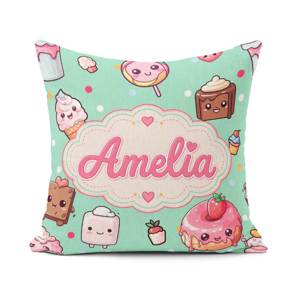 Custom Name Desserts Donuts and Sweets on Mint Green Background Square Filled Cushion Throw Pillow Sofa Bed Home Decor Zip Washable UK Made