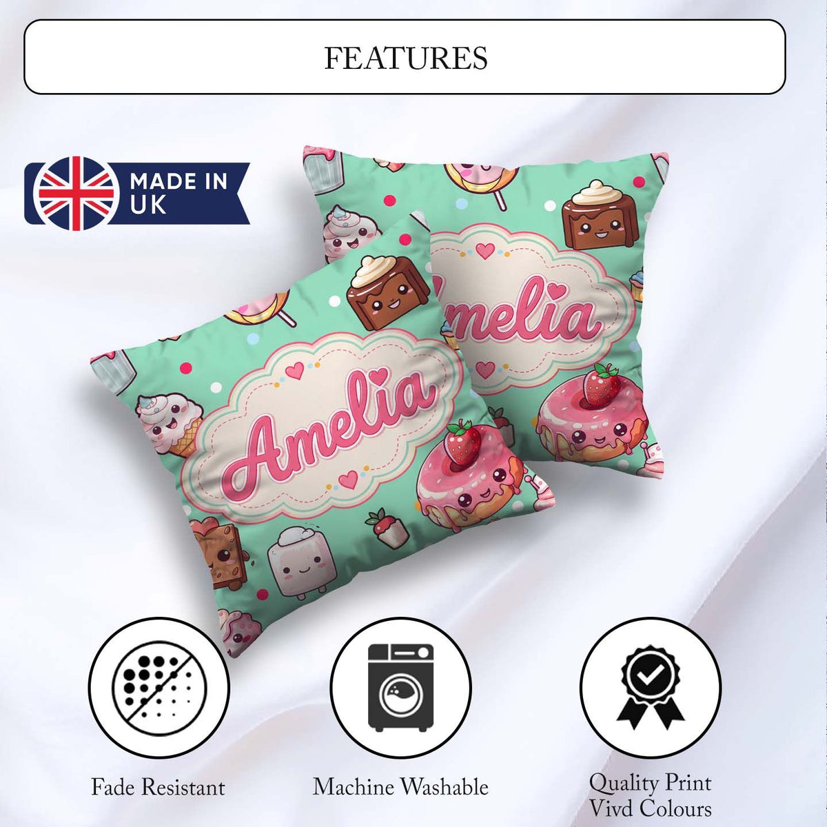 Custom Name Desserts Donuts and Sweets on Mint Green Background Square Filled Cushion Throw Pillow Sofa Bed Home Decor Zip Washable UK Made