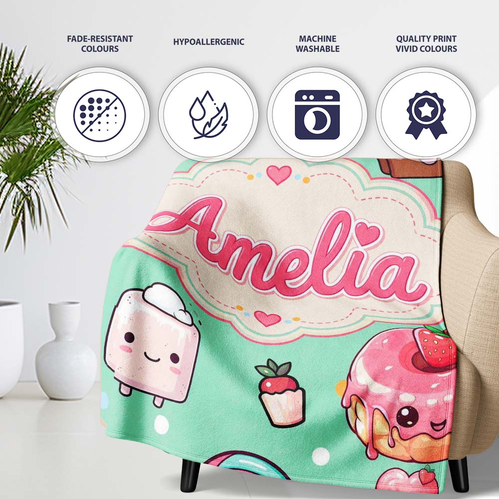 Desserts Cupcakes Donuts and Sweets on Mint Green Background  Personalised Custom Name Super Soft Fleece Blanket Bed Sofa Throw