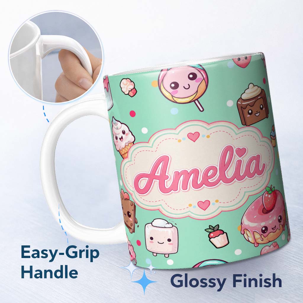 Personalized Custom Name Desserts Cupcakes Donuts and Sweets on Mint Green Background 11oz Ceramic Coffee Tea Mug White Large Handle