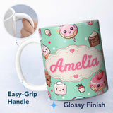 Personalized Custom Name Desserts Cupcakes Donuts and Sweets on Mint Green Background 11oz Ceramic Coffee Tea Mug White Large Handle