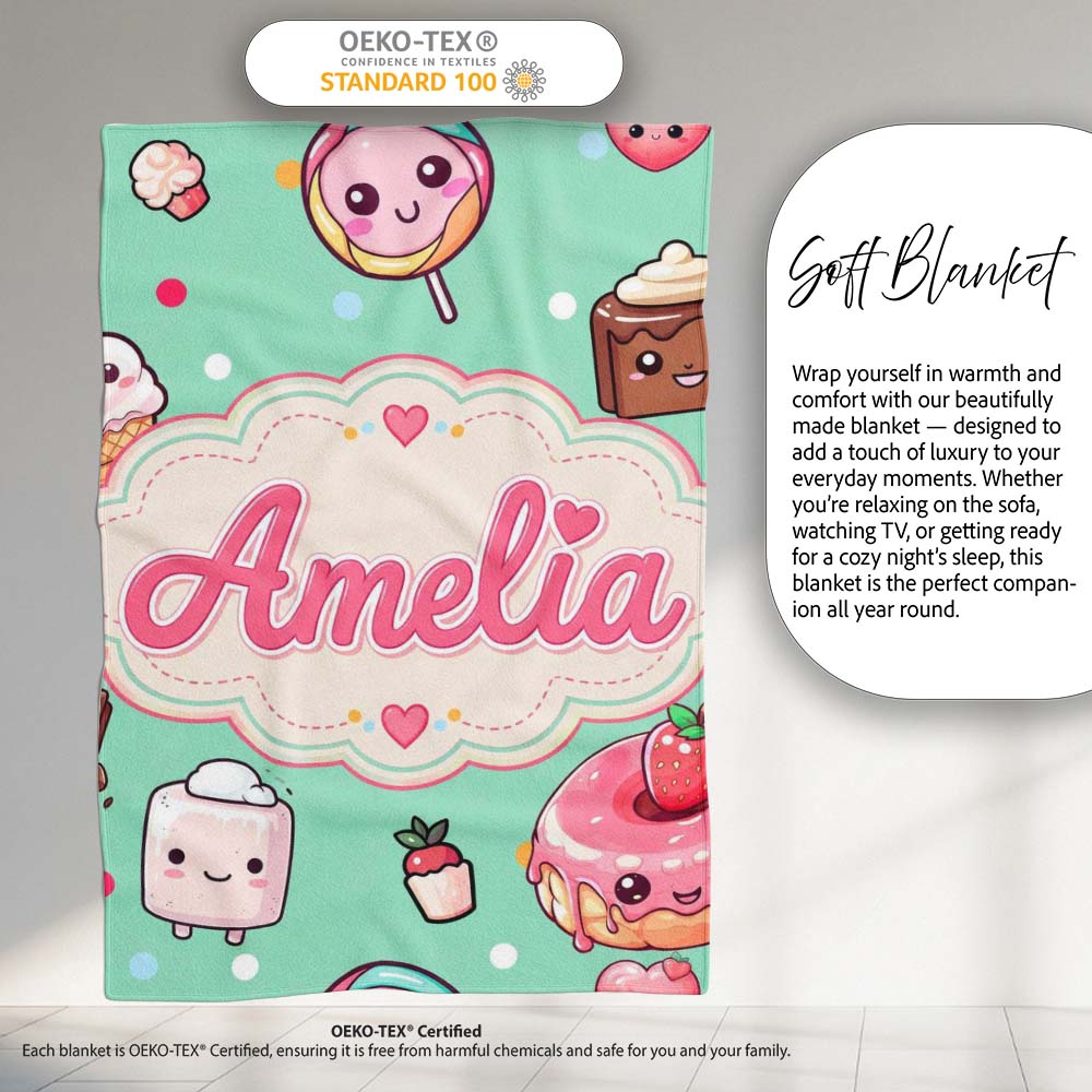 Desserts Cupcakes Donuts and Sweets on Mint Green Background  Personalised Custom Name Super Soft Fleece Blanket Bed Sofa Throw