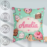 Custom Name Desserts Donuts and Sweets on Mint Green Background Square Filled Cushion Throw Pillow Sofa Bed Home Decor Zip Washable UK Made