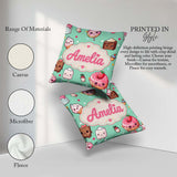 Custom Name Desserts Donuts and Sweets on Mint Green Background Square Filled Cushion Throw Pillow Sofa Bed Home Decor Zip Washable UK Made