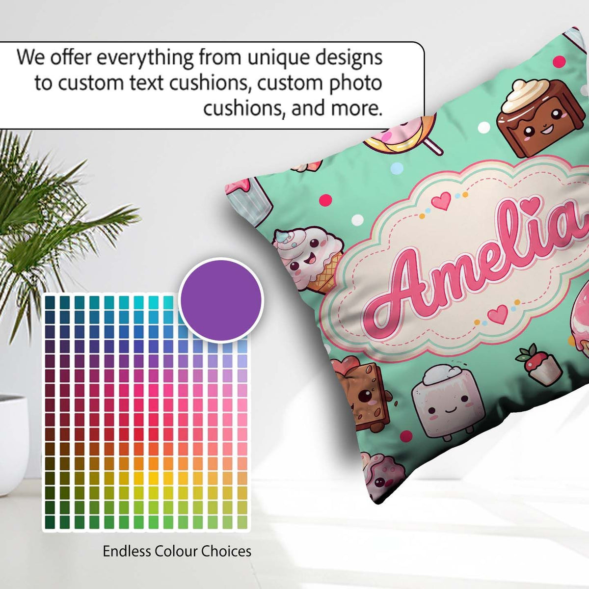 Custom Name Desserts Donuts and Sweets on Mint Green Background Square Filled Cushion Throw Pillow Sofa Bed Home Decor Zip Washable UK Made