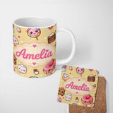 Personalized Custom Name Desserts Cupcakes Donuts and Sweets on Soft Yellow Background 11oz Ceramic Coffee Tea Mug White Large Handle