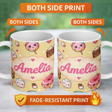 Personalized Custom Name Desserts Cupcakes Donuts and Sweets on Soft Yellow Background 11oz Ceramic Coffee Tea Mug White Large Handle