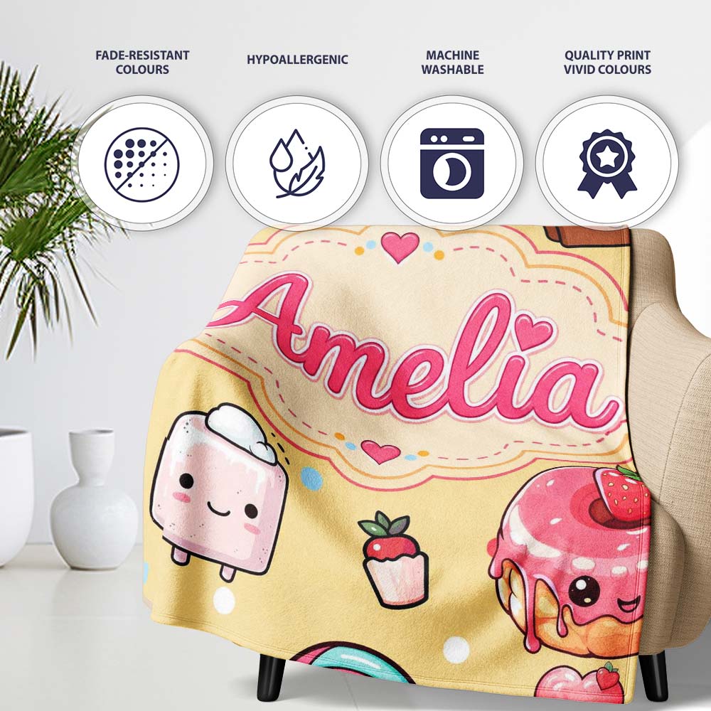 Desserts Cupcakes Donuts and Sweets on Soft Yellow Background  Personalised Custom Name Super Soft Fleece Blanket Bed Sofa Throw