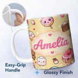 Personalized Custom Name Desserts Cupcakes Donuts and Sweets on Soft Yellow Background 11oz Ceramic Coffee Tea Mug White Large Handle