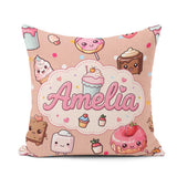 Custom Name Kawaii Dessert Donuts and Sweets on Peach Background Square Filled Cushion Throw Pillow Sofa Bed Home Decor Zip Washable UK Made