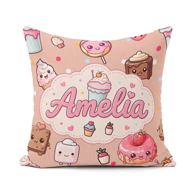 Custom Name Kawaii Dessert Donuts and Sweets on Peach Background Square Filled Cushion Throw Pillow Sofa Bed Home Decor Zip Washable UK Made
