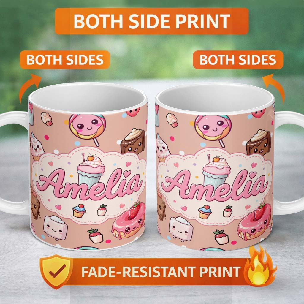 Personalized Custom Name Kawaii Dessert Cupcakes Donuts and Sweets on Peach Background 11oz Ceramic Coffee Tea Mug White Large Handle