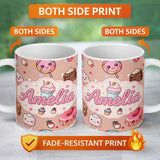 Personalized Custom Name Kawaii Dessert Cupcakes Donuts and Sweets on Peach Background 11oz Ceramic Coffee Tea Mug White Large Handle