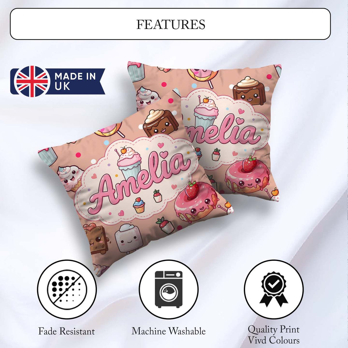 Custom Name Kawaii Dessert Donuts and Sweets on Peach Background Square Filled Cushion Throw Pillow Sofa Bed Home Decor Zip Washable UK Made