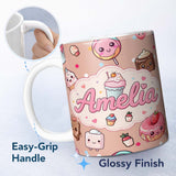 Personalized Custom Name Kawaii Dessert Cupcakes Donuts and Sweets on Peach Background 11oz Ceramic Coffee Tea Mug White Large Handle