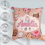 Custom Name Kawaii Dessert Donuts and Sweets on Peach Background Square Filled Cushion Throw Pillow Sofa Bed Home Decor Zip Washable UK Made
