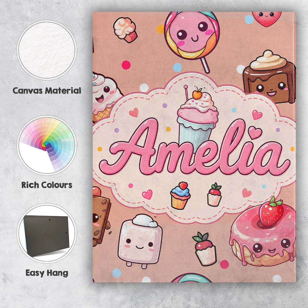 Personalised Name Kawaii Dessert Cupcakes Custom  Unique Gift Idea Elegant Feature Canvas Wall Art Print Decor Picture Ready to Hang