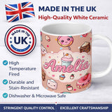 Personalized Custom Name Kawaii Dessert Cupcakes Donuts and Sweets on Peach Background 11oz Ceramic Coffee Tea Mug White Large Handle