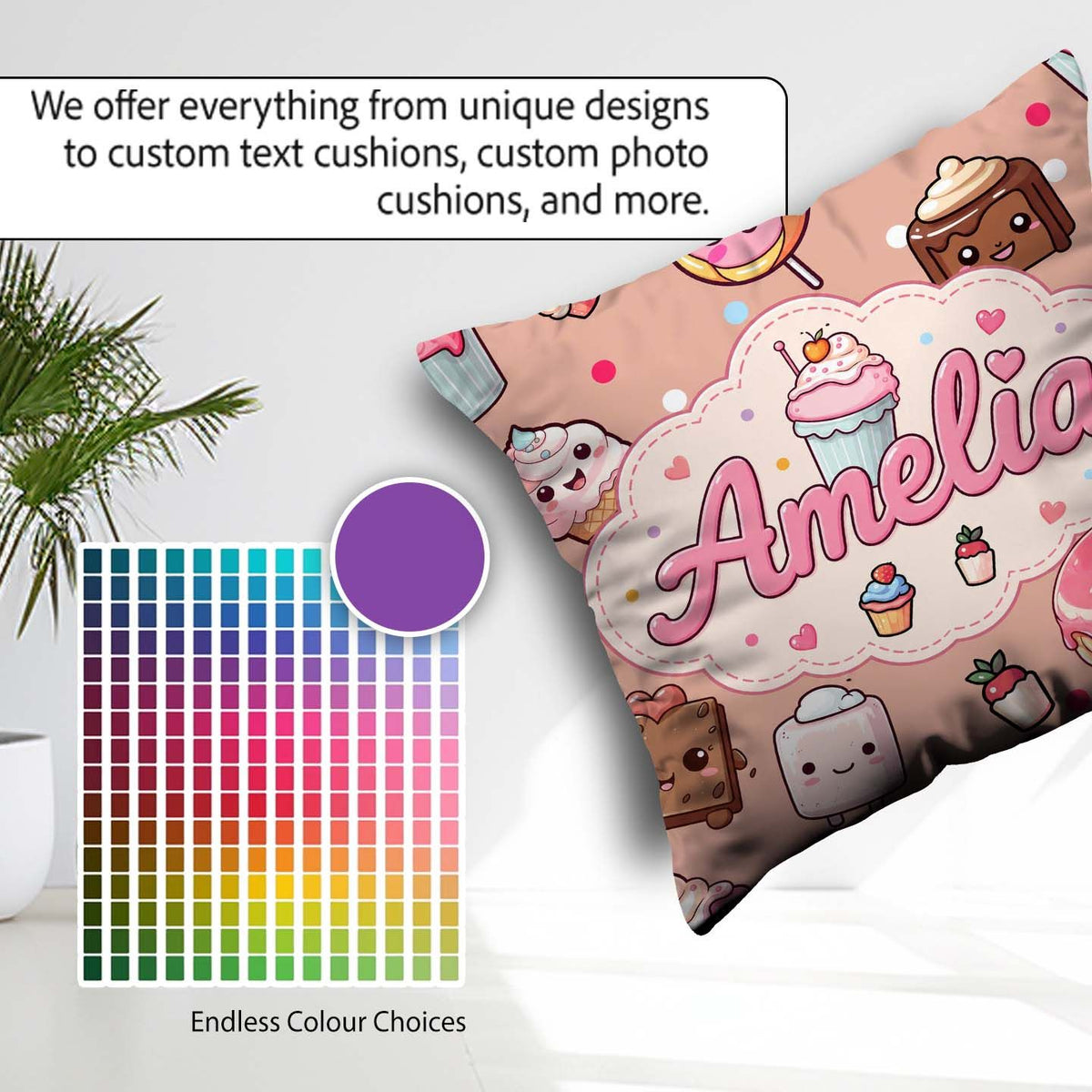 Custom Name Kawaii Dessert Donuts and Sweets on Peach Background Square Filled Cushion Throw Pillow Sofa Bed Home Decor Zip Washable UK Made