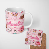 Personalized Custom Name Desserts Cupcakes Donuts and Sweets on Blush Pink Background 11oz Ceramic Coffee Tea Mug White Large Handle