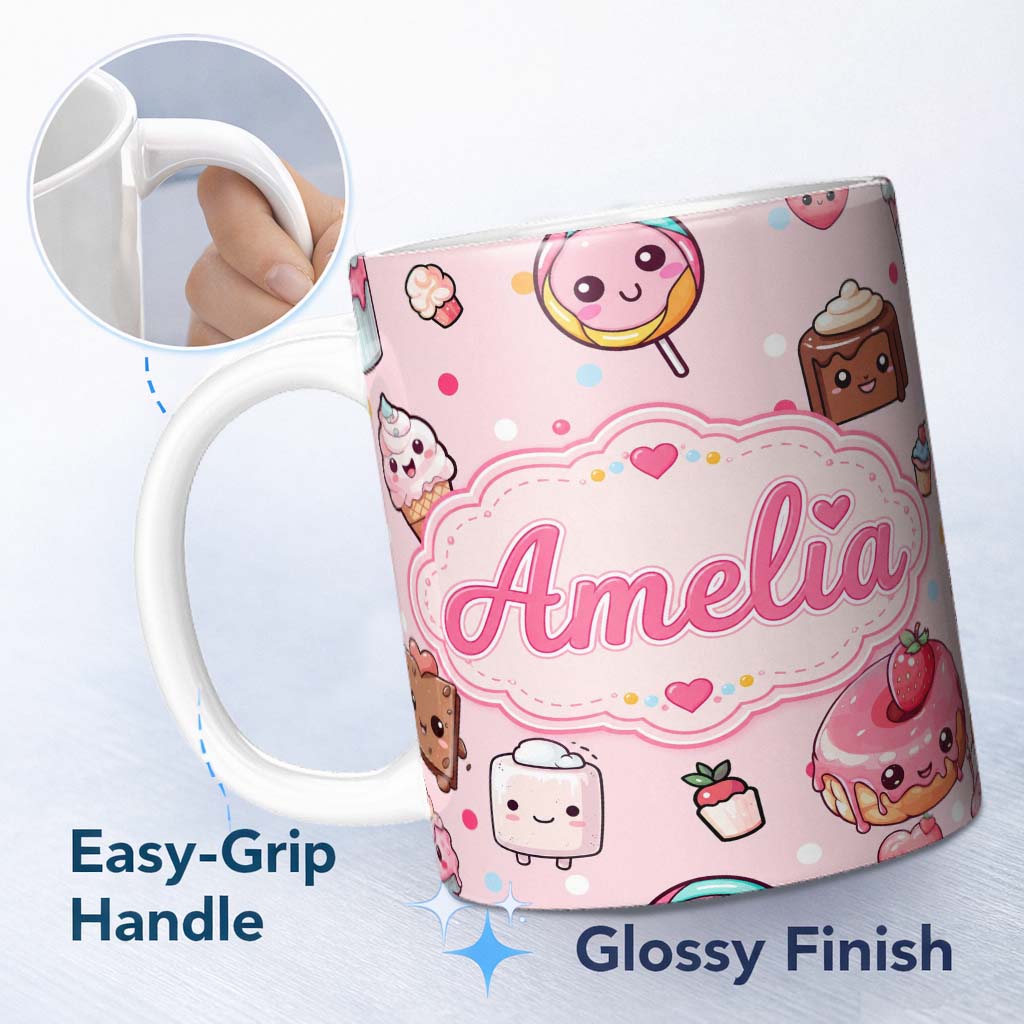 Personalized Custom Name Desserts Cupcakes Donuts and Sweets on Blush Pink Background 11oz Ceramic Coffee Tea Mug White Large Handle