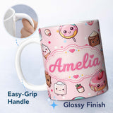 Personalized Custom Name Desserts Cupcakes Donuts and Sweets on Blush Pink Background 11oz Ceramic Coffee Tea Mug White Large Handle