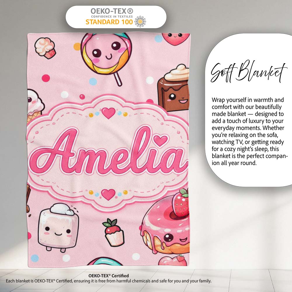Desserts Cupcakes Donuts and Sweets on Blush Pink Background  Personalised Custom Name Super Soft Fleece Blanket Bed Sofa Throw