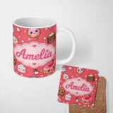 Personalized Custom Name Kawaii Desserts Cupcakes Donuts and Sweets on Red Background 11oz Ceramic Coffee Tea Mug White Large Handle