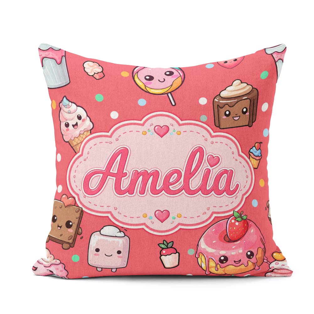 Custom Name Kawaii Desserts Donuts and Sweets on Red Background Square Filled Cushion Throw Pillow Sofa Bed Home Decor Zip Washable UK Made