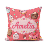 Custom Name Kawaii Desserts Donuts and Sweets on Red Background Square Filled Cushion Throw Pillow Sofa Bed Home Decor Zip Washable UK Made