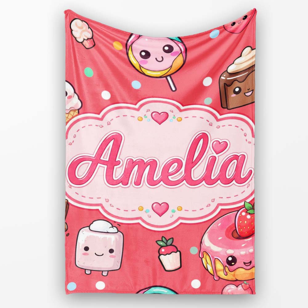 Kawaii Desserts Cupcakes Donuts and Sweets on Red Background  Personalised Custom Name Super Soft Fleece Blanket Bed Sofa Throw