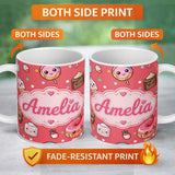 Personalized Custom Name Kawaii Desserts Cupcakes Donuts and Sweets on Red Background 11oz Ceramic Coffee Tea Mug White Large Handle