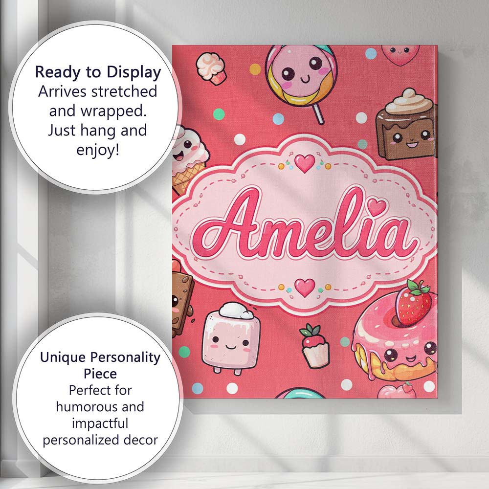 Personalised Name Kawaii Desserts Cupcakes Custom  Unique Gift Idea Elegant Feature Canvas Wall Art Print Decor Picture Ready to Hang
