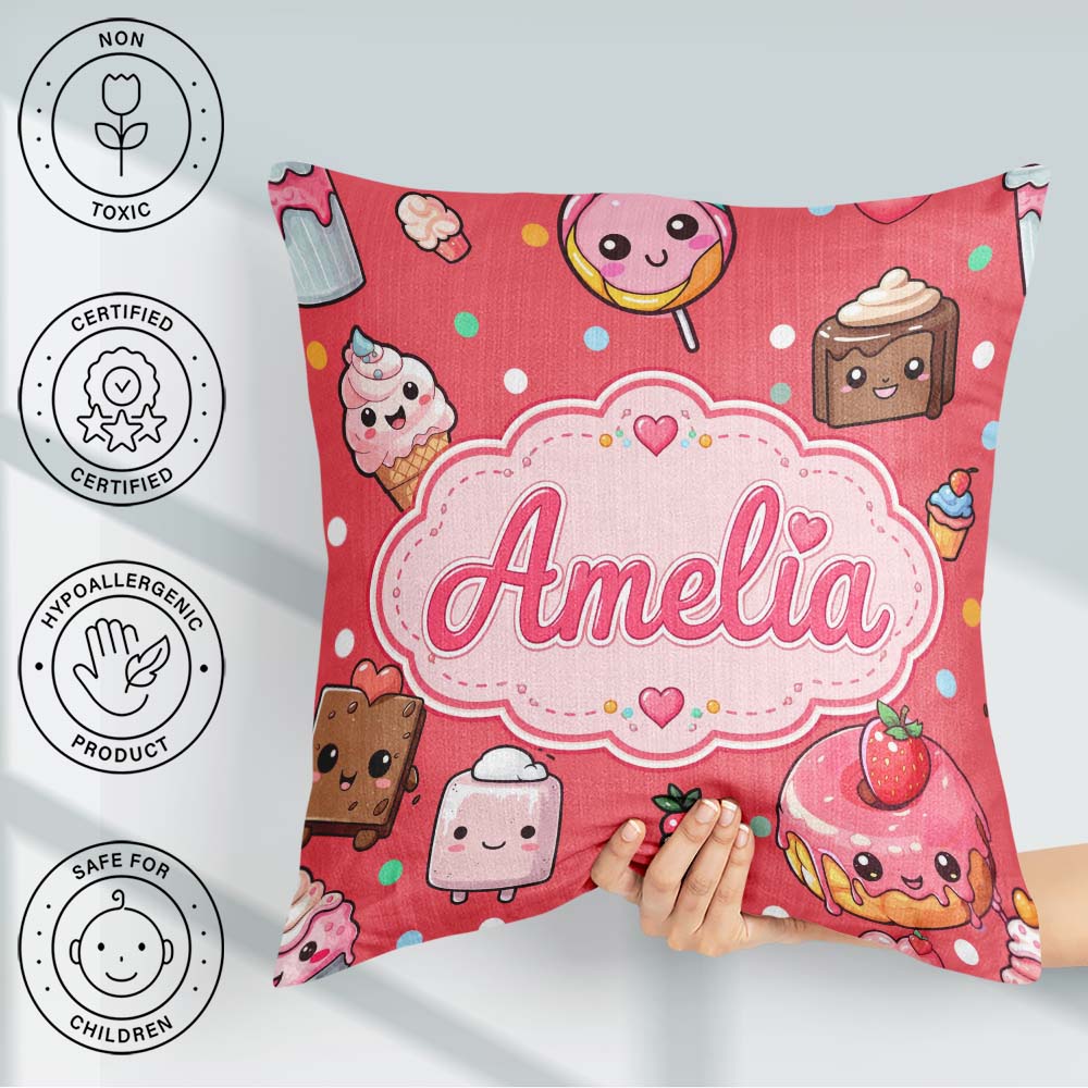 Custom Name Kawaii Desserts Donuts and Sweets on Red Background Square Filled Cushion Throw Pillow Sofa Bed Home Decor Zip Washable UK Made