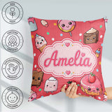 Custom Name Kawaii Desserts Donuts and Sweets on Red Background Square Filled Cushion Throw Pillow Sofa Bed Home Decor Zip Washable UK Made