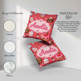 Custom Name Kawaii Desserts Donuts and Sweets on Red Background Square Filled Cushion Throw Pillow Sofa Bed Home Decor Zip Washable UK Made