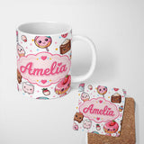 Personalized Custom Name Kawaii Desserts Cupcakes Donuts and Sweets on Grey Background 11oz Ceramic Coffee Tea Mug White Large Handle