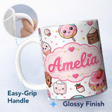 Personalized Custom Name Kawaii Desserts Cupcakes Donuts and Sweets on Grey Background 11oz Ceramic Coffee Tea Mug White Large Handle