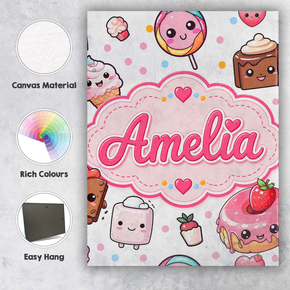 Personalised Name Kawaii Desserts Cupcakes Custom  Unique Gift Idea Elegant Feature Canvas Wall Art Print Decor Picture Ready to Hang