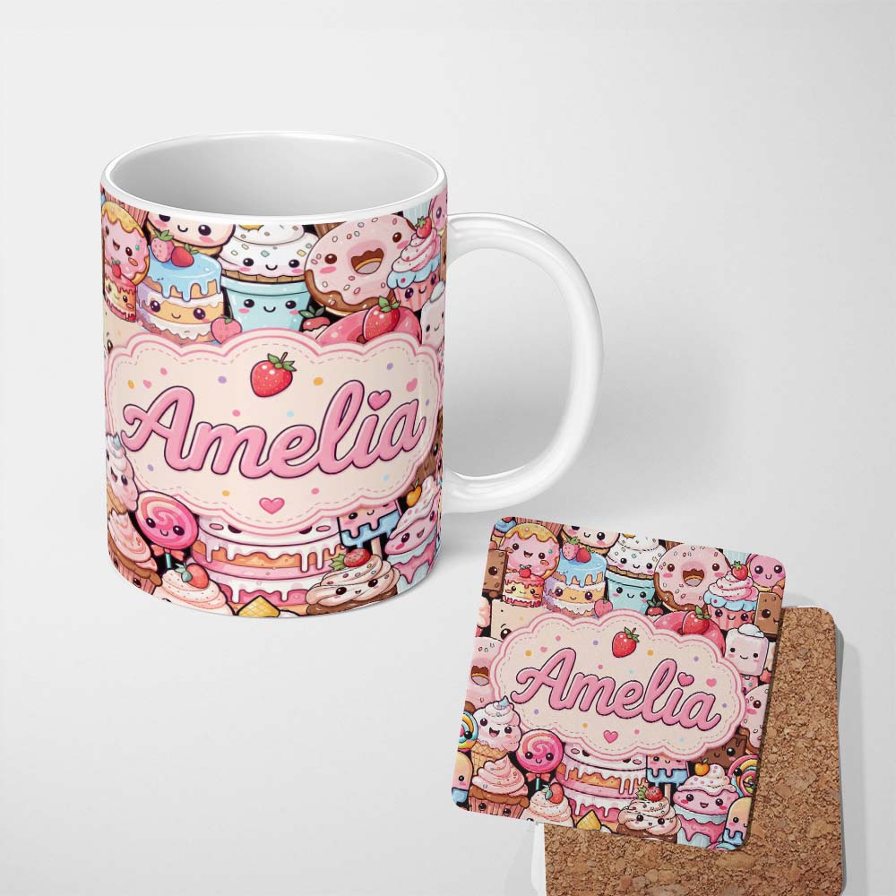 Personalized Custom Name Kawaii Sweet Treats Cakes Donuts Candy and Cupcakes Collage 11oz Ceramic Coffee Tea Mug White Large Handle