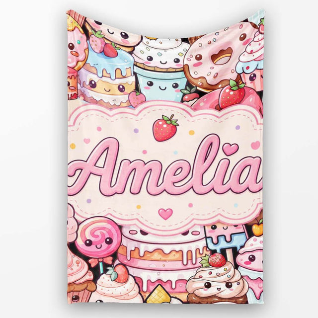 Kawaii Sweet Treats Cakes Donuts Candy and Cupcakes Collage  Personalised Custom Name Super Soft Fleece Blanket Bed Sofa Throw